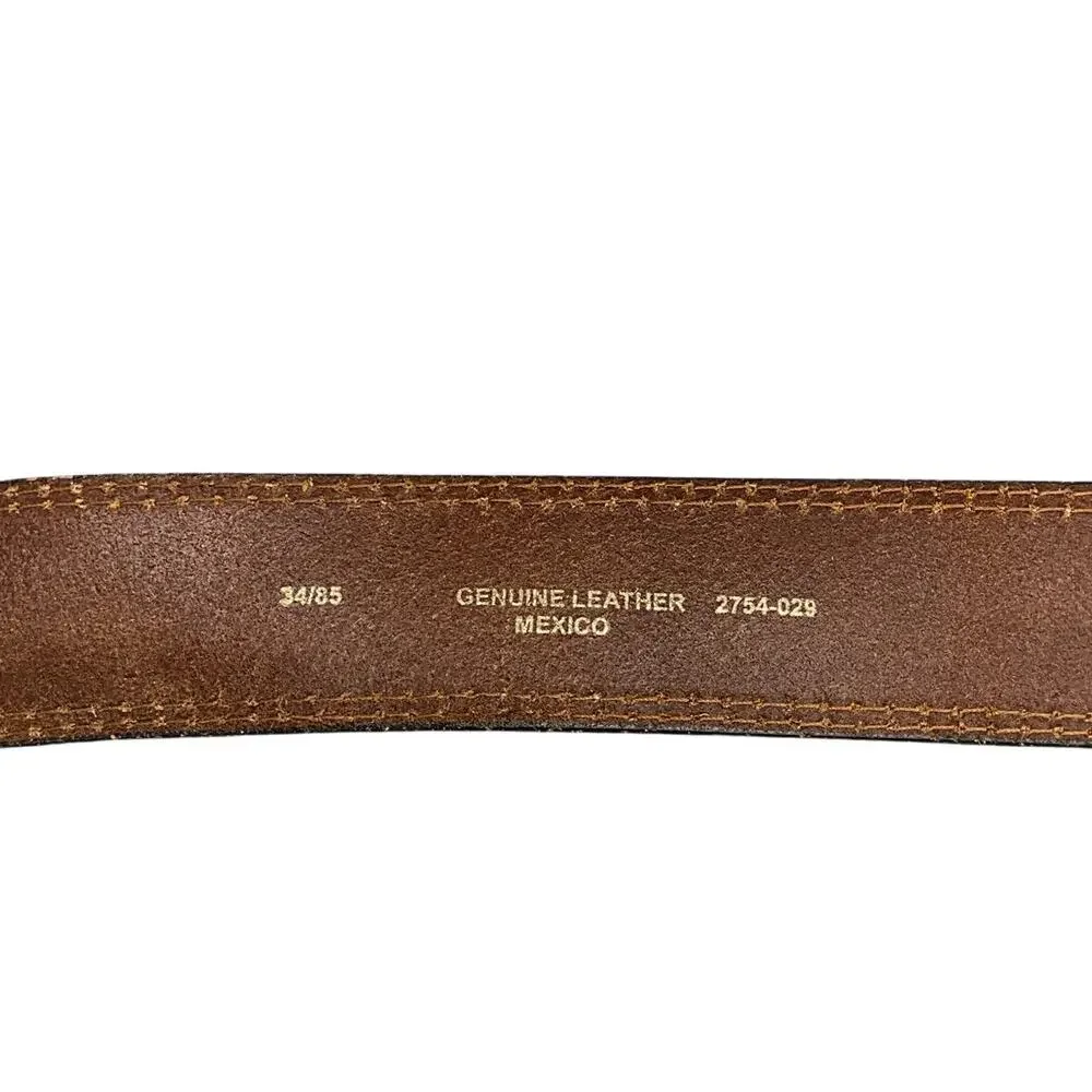 Western Brown Leather White Stitch Silver Square Buckle Belt Men 36”